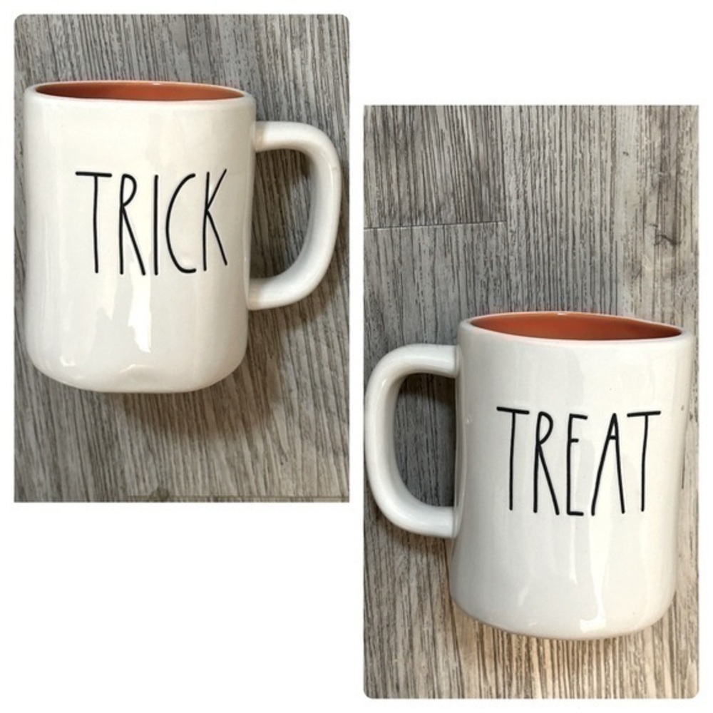 RAE DUNN two sided TRICK TREAT coffee beverage mug cup with orange inside.